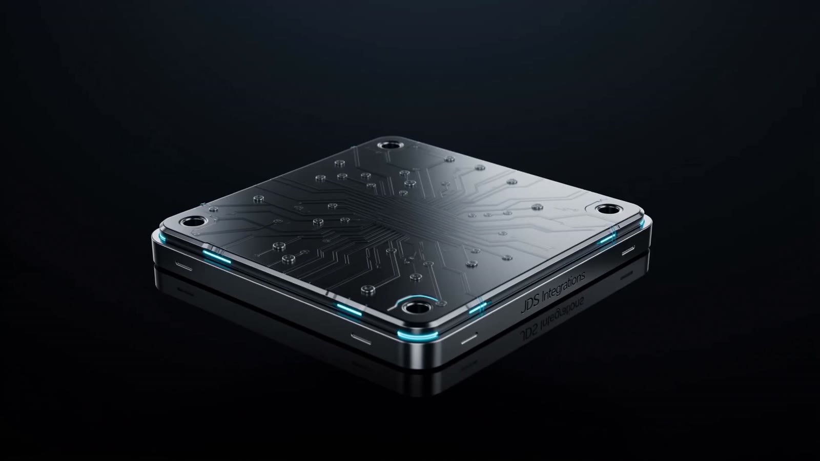 The JDS Integrations circuit board, its traces lit in cyan.